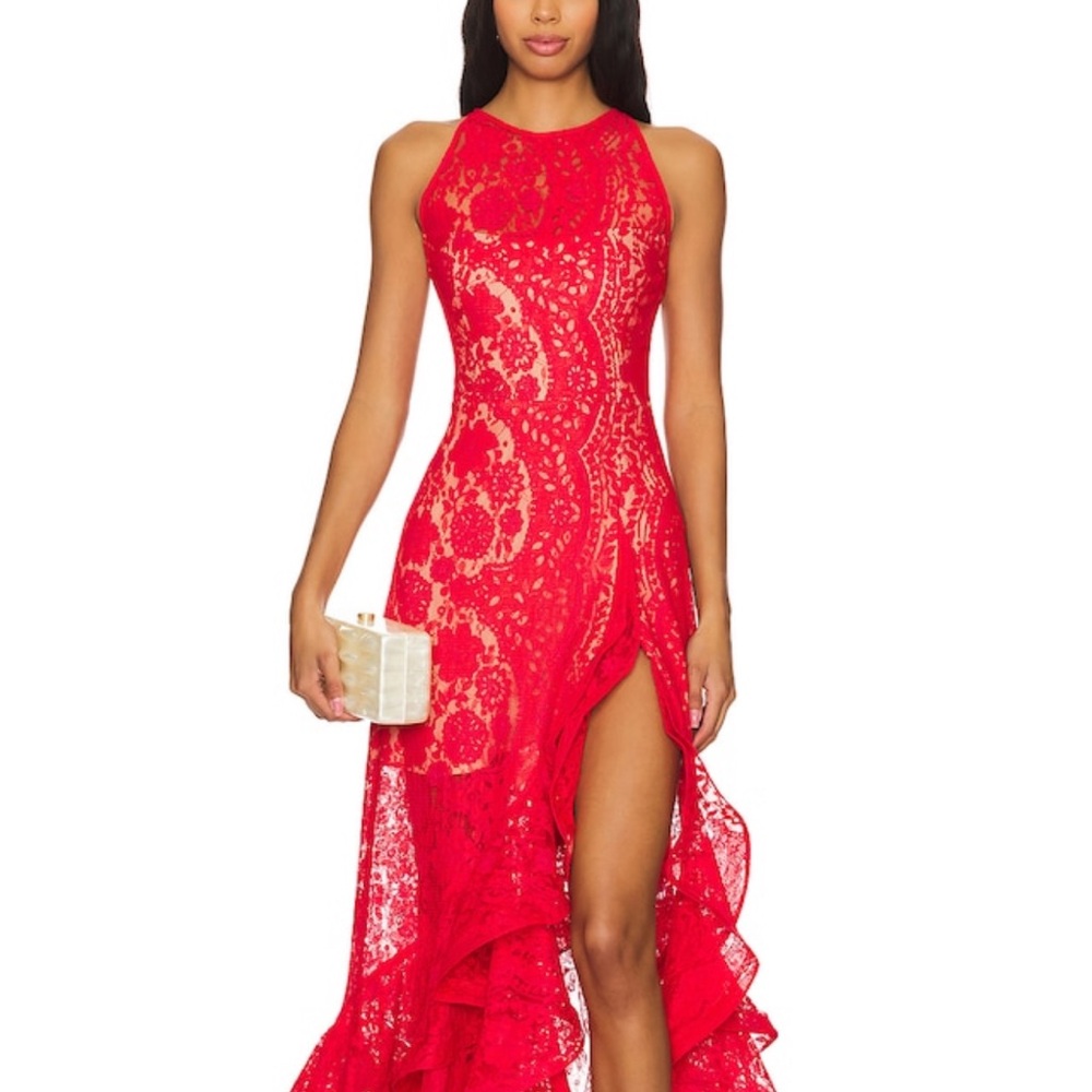 Bronx and Banco Red Asymmetrical Lace High-Low Gown